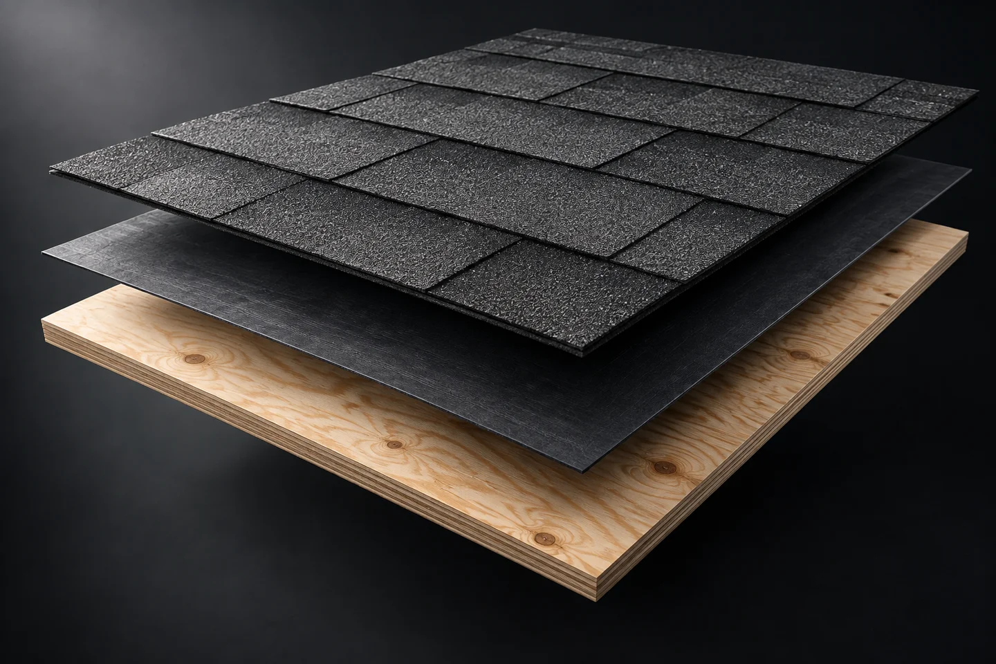 Conceptual roof sample with visible covering, protective layer, and decking separated for explanation